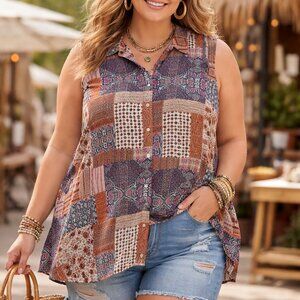 Rose & Olive Womens Patchwork Boho‎ Sleeveless Button Tunic Top Size 3X Artsy